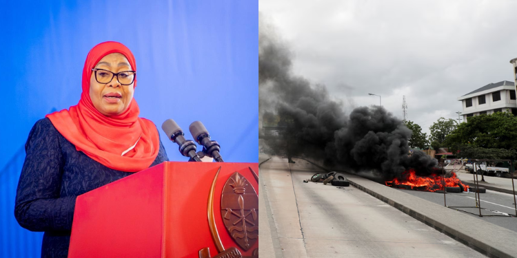 A photo collage of Tanzania President Samia Suluhu and the protests during and after the October 2025 general election