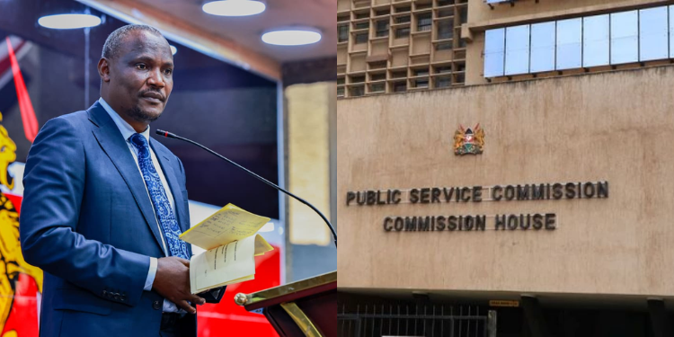 A photo collage of Treasury CS John Mbadi and PSC House in Nairobi.