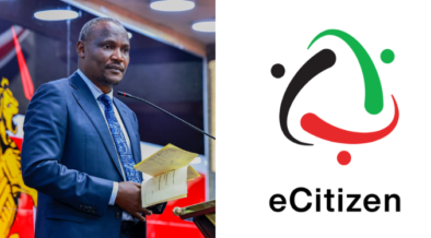 A photo collage of Treasury CS John Mbadi and eCitizen platform logo.PHOTO/Mbadi X/ Kenya National Library