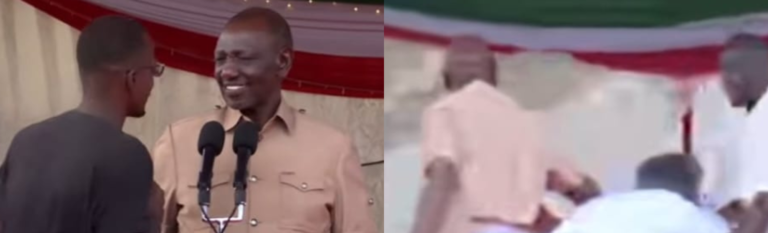 A man carrying a Bible rushed toward President William Ruto while he was speaking at the podium during the Thanksgiving Service for Sports PS Fikirini Jacobs