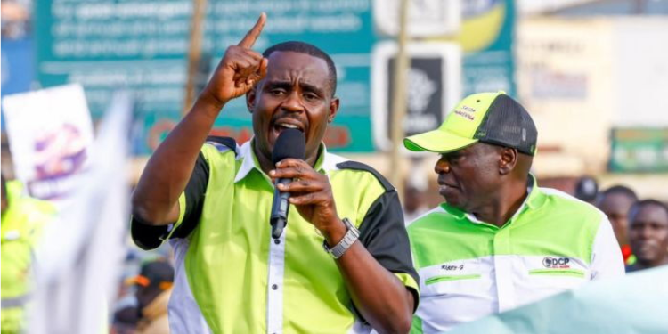 DCP Deputy Party Leader Cleophas Malala addressing a crowd alongside DCP Party Leader Rigathi Gachagua in Trans Nzoia County on July 4, 2025. Photo Cleophas Malala
