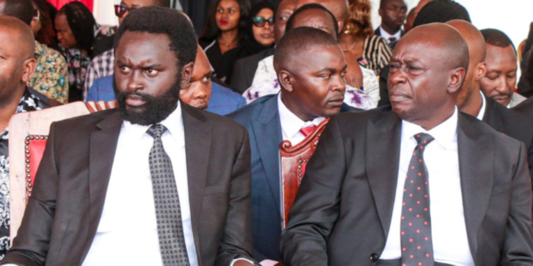DCP Party Leader Rigathi Gachagua and Nyandarua Senator John Methu during A requiem Mass for the late Ol Kalou MP David Njuguna Kiaraho on April 8, 2025. PHOTO/ Courtesy.
