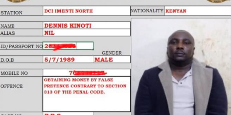 DCI mugshot document for Dennis Kinoti, Kenyan male born 5/7/1989, arrested 22/05/2026