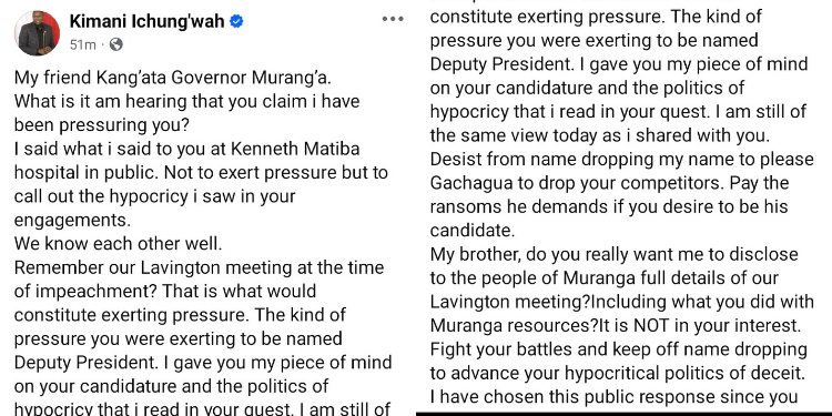 A public dispute has erupted between Kimani Ichung’wah and Irungu Kang’ata