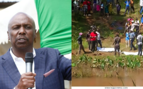 A collage of Gideon moi and bodies of two missing children being retrieved from River Kiama in Murang’a County. Photo/ Gideon Moi / X