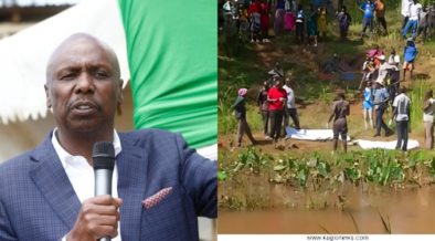 A collage of Gideon moi and bodies of two missing children being retrieved from River Kiama in Murang’a County. Photo/ Gideon Moi / X