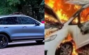 A collage of Sparky's new car and an AI image of a car burning PHOTO/Sparky, AI