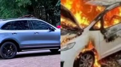 A collage of Sparky's new car and an AI image of a car burning PHOTO/Sparky, AI