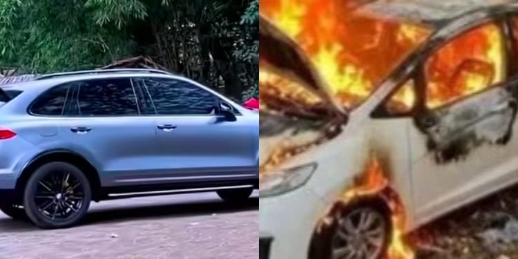 A collage of Sparky's new car and an AI image of a car burning PHOTO/Sparky, AI