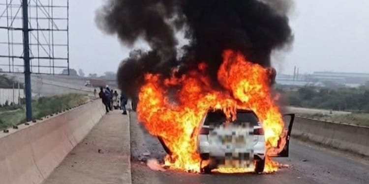 The vehicle on fire on Mombasa road.PHOTO/FB