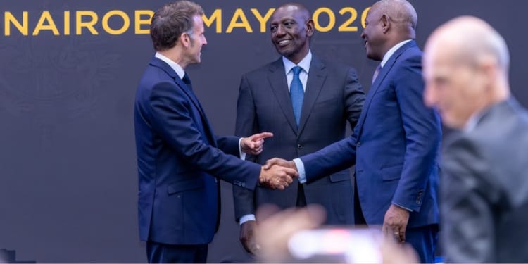 President William Ruto and France President Emmanuel Macron during a bilateral signing ceremony at State House Nairobi.PHOTO/Equity X