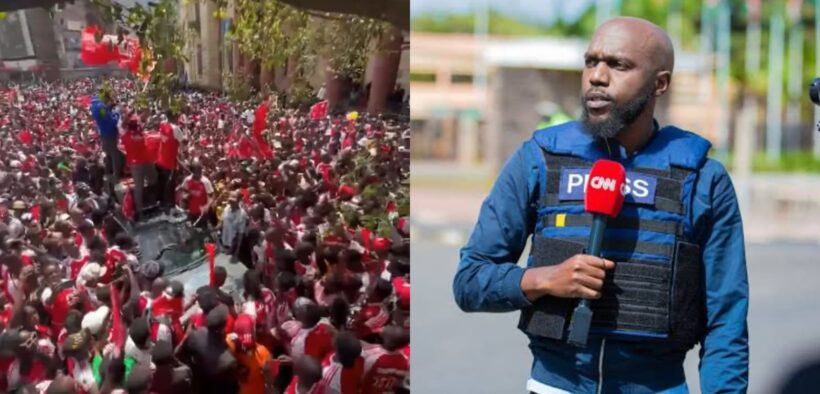A collage of Larry Madowo and Arsenal fans in town PHOTO/COURTESY