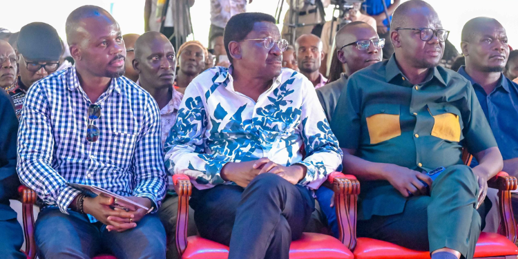 Siaya Governor James Orengo, Migori Governor Ochillo Ayacko, and Homabay Senator Moses Kajwang during the burial in Seme. PHOTO/ Orengo X.