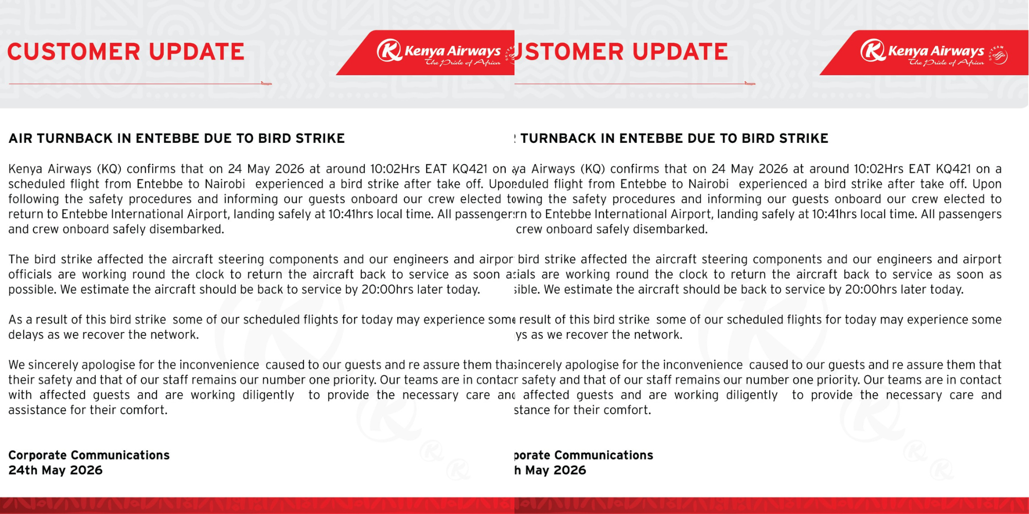 Kenya Airways warned that some scheduled flights may experience delays as the airline works to restore normal operations across its network