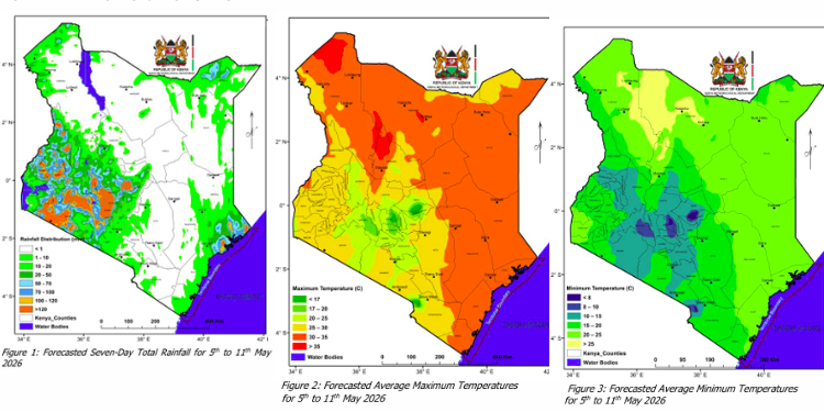 Kenya Met Lists Areas to Receive Heavy Rainfall in Second Week of May
