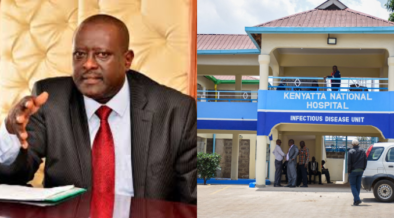A photo collage of Kenyatta National Hospital CEO Dr. Richard Lesiyampe and KNH entrance. PHOTO/ Daily Nation/KNH Facebook.