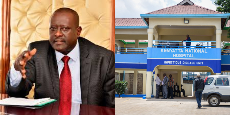 A photo collage of Kenyatta National Hospital CEO Dr. Richard Lesiyampe and KNH entrance. PHOTO/ Daily Nation/KNH Facebook.