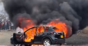 A photo showing Priscilla Larweh Martey's black Mazda CX-5 engulfed in flames. Photo/ Priscilla Larweh/ fb