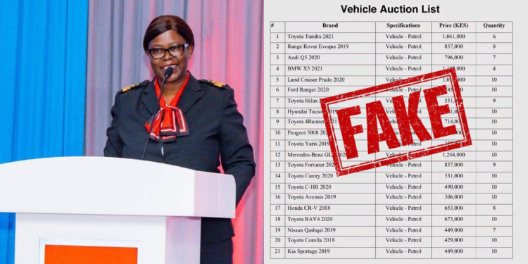 Collage of KRA acting commissioner Lilian Nyawanda and the fake vehicle auction. Photo/ KRA /X