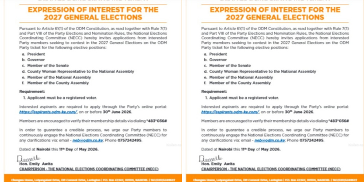 ODM notice published on May 12, 2026, inviting applications from candidates interested in contesting using the Party ticket in 2027. PHOTO/Nation Newspaper.