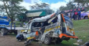 The matatu involved in a road accident between Naivasha and Delamere on the Nakuru-Nairobi highway on April 18, 2023. PHOTO/ Citizen Digital.