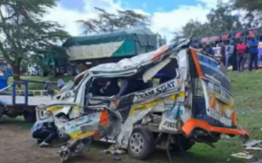 The matatu involved in a road accident between Naivasha and Delamere on the Nakuru-Nairobi highway on April 18, 2023. PHOTO/ Citizen Digital.