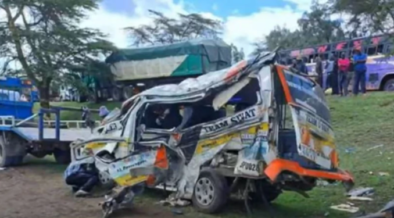 The matatu involved in a road accident between Naivasha and Delamere on the Nakuru-Nairobi highway on April 18, 2023. PHOTO/ Citizen Digital.