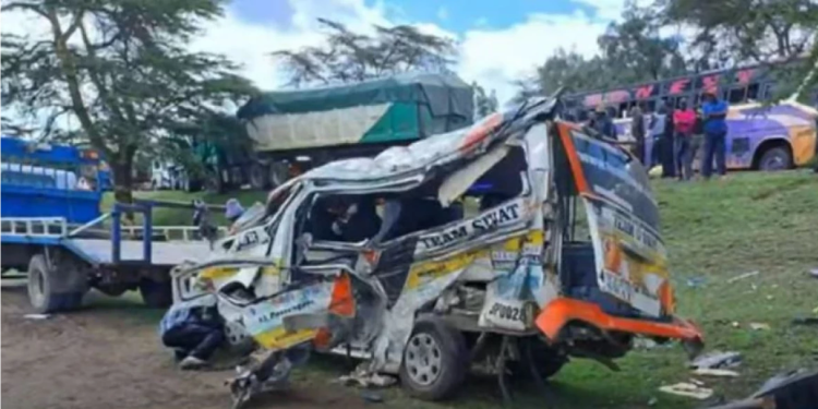 The matatu involved in a road accident between Naivasha and Delamere on the Nakuru-Nairobi highway on April 18, 2023. PHOTO/ Citizen Digital.