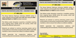 KeNHA public notice on the restoration of Iten-Kabarnet Road PHOTO/KeNHA 