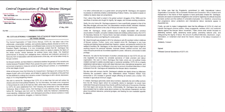 A press statement by the Central Organization of Trade Unions (Kenya) (COTU) on May 6, 2026 highlighted remarks by former Deputy President Rigathi Gachagua being strongly condemned, while Secretary General Francis Atwoli was defended over claims linked to labour politics, trade union leadership and national wage discussions affecting Kenyan workers.