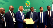 CAF President Patrice Motsepe with AFCON 2027 Officials from Kenya, Uganda and Tanzania during the discussion of AFCON PAMOJA 2027 PHOTO/CAF