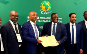 CAF President Patrice Motsepe with AFCON 2027 Officials from Kenya, Uganda and Tanzania during the discussion of AFCON PAMOJA 2027 PHOTO/CAF