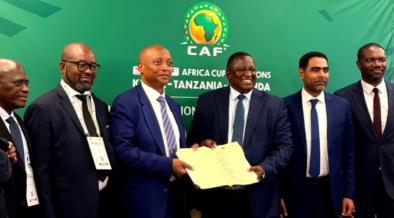 CAF President Patrice Motsepe with AFCON 2027 Officials from Kenya, Uganda and Tanzania during the discussion of AFCON PAMOJA 2027 PHOTO/CAF