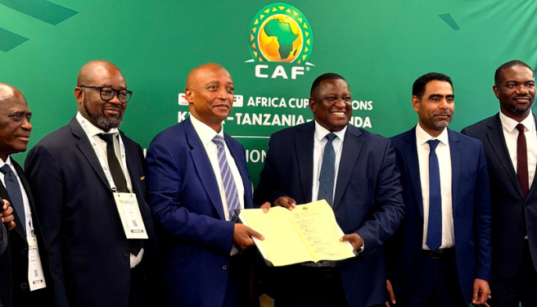 CAF President Patrice Motsepe with AFCON 2027 Officials from Kenya, Uganda and Tanzania during the discussion of AFCON PAMOJA 2027 PHOTO/CAF