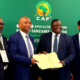 CAF President Patrice Motsepe with AFCON 2027 Officials from Kenya, Uganda and Tanzania during the discussion of AFCON PAMOJA 2027 PHOTO/CAF