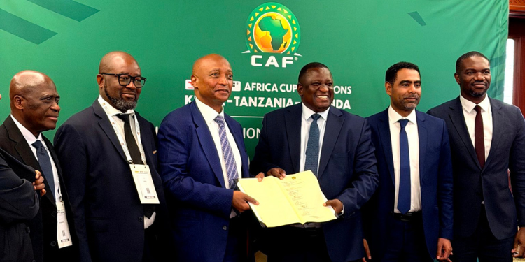 CAF President Patrice Motsepe with AFCON 2027 Officials from Kenya, Uganda and Tanzania during the discussion of AFCON PAMOJA 2027 PHOTO/CAF