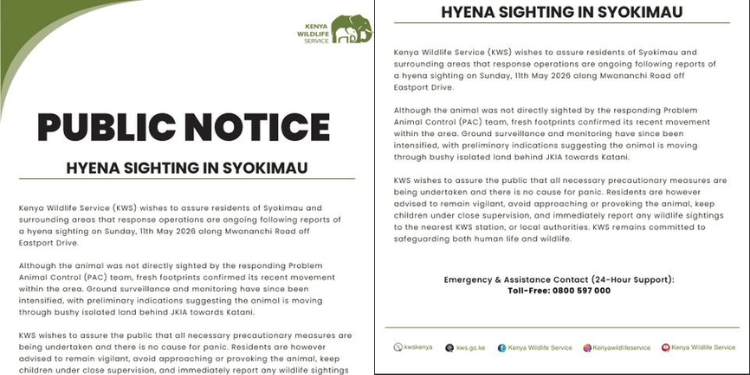 KWS Public Notice Urging Syokimau Residents to Stay Vigilant PHOTO/KWS