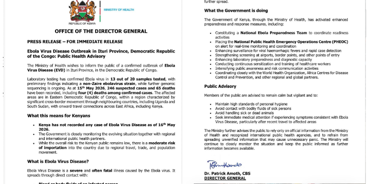 Advisory issued by the Ministry of Health to alert Kenyans following an Ebola outbreak in DRC, confirmed on May 16, 2026, urging vigilance and calm as surveillance and preparedness measures intensify nationwide. PHOTO/ MoH X