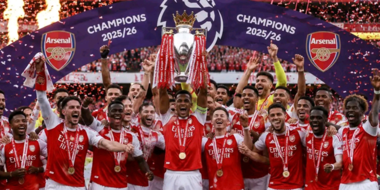 Arsenal players celebrates after winning the English Premier League 25/25 trophy at Emirates stadium on Wednesday May 19, 2026. PHOTO/ Arsenal X