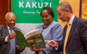 Kakuzi Plc Chairman, Mr Nicholas Ng’ang’a, Kakuzi Plc Managing Director Mr Chris Flowers at the Nairobi Securities Exchange (NSE) during the firm’s 98th Annual General Meeting (AGM). PHOTO/ File