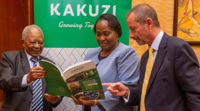 Kakuzi Plc Chairman, Mr Nicholas Ng’ang’a, Kakuzi Plc Managing Director Mr Chris Flowers at the Nairobi Securities Exchange (NSE) during the firm’s 98th Annual General Meeting (AGM). PHOTO/ File