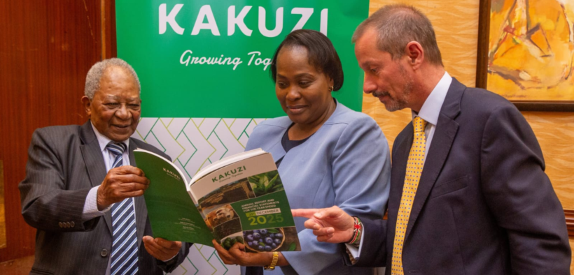 Kakuzi Plc Chairman, Mr Nicholas Ng’ang’a, Kakuzi Plc Managing Director Mr Chris Flowers at the Nairobi Securities Exchange (NSE) during the firm’s 98th Annual General Meeting (AGM). PHOTO/ File