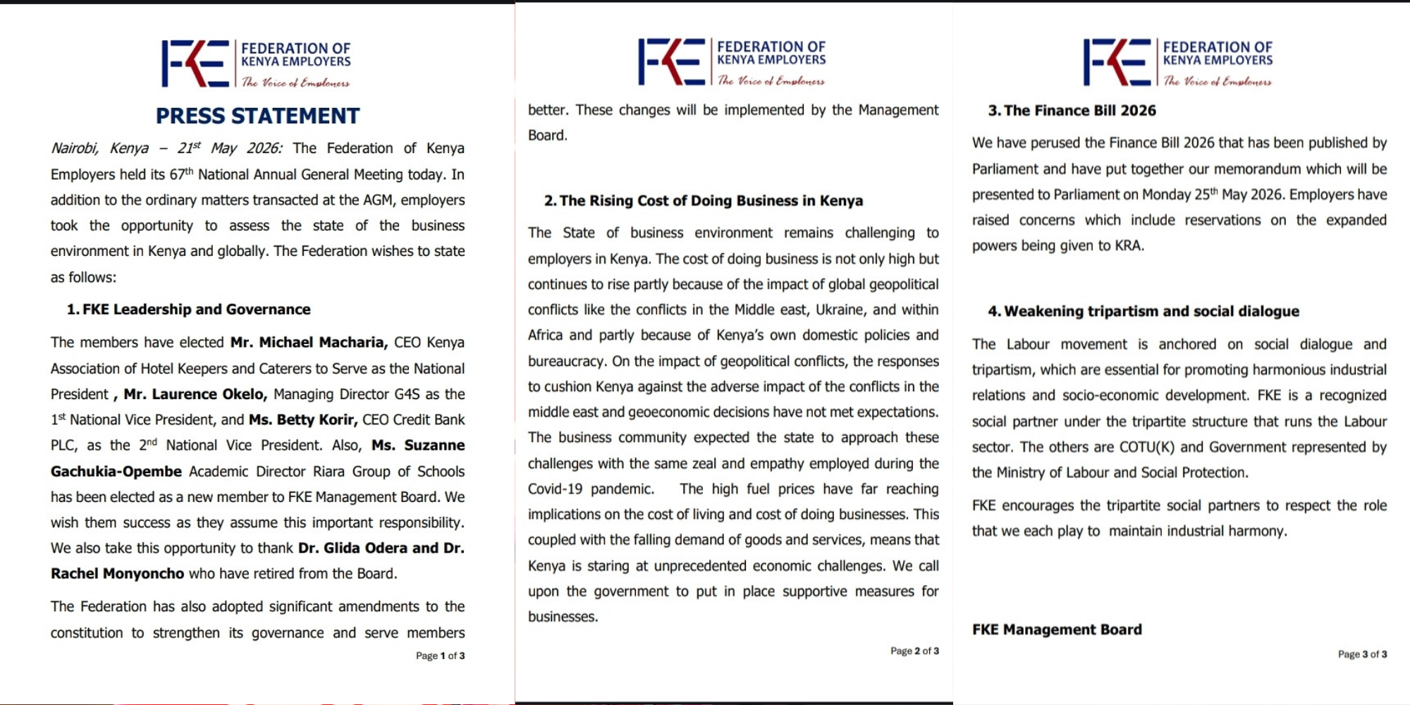 Federation of Kenya Employers press statement announcing new leadership and raising concerns over the business environment, issued after the 67th AGM in Nairobi on May 21, 2026. PHOTO/ FKE