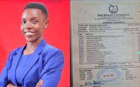 A photo collage of Roseline Alionya and Her Transcript with a blurred Accounting Unit that sparked questions online after she shared her academic records to prove to Spice FM that she had a First Class Honours. PHOTO/ Roseline Alionya Facebook