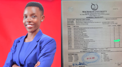 A photo collage of Roseline Alionya and Her Transcript with a blurred Accounting Unit that sparked questions online after she shared her academic records to prove to Spice FM that she had a First Class Honours. PHOTO/ Roseline Alionya Facebook