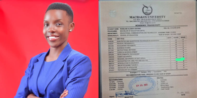 A photo collage of Roseline Alionya and Her Transcript with a blurred Accounting Unit that sparked questions online after she shared her academic records to prove to Spice FM that she had a First Class Honours. PHOTO/ Roseline Alionya Facebook
