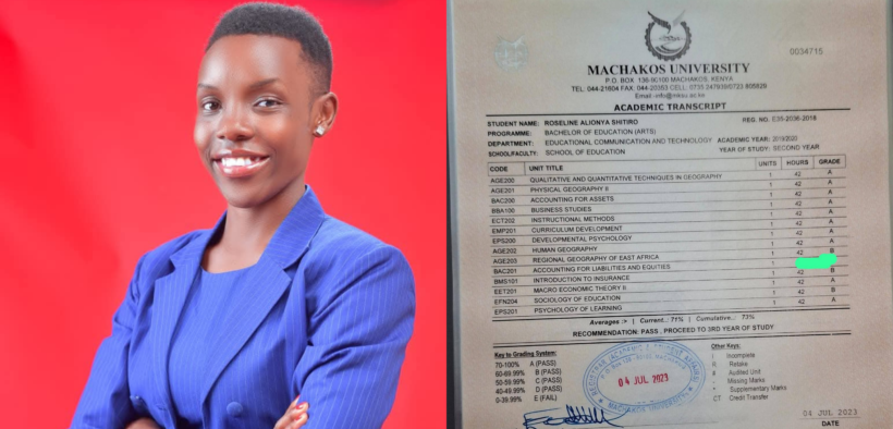 A photo collage of Roseline Alionya and Her Transcript with a blurred Accounting Unit that sparked questions online after she shared her academic records to prove to Spice FM that she had a First Class Honours. PHOTO/ Roseline Alionya Facebook