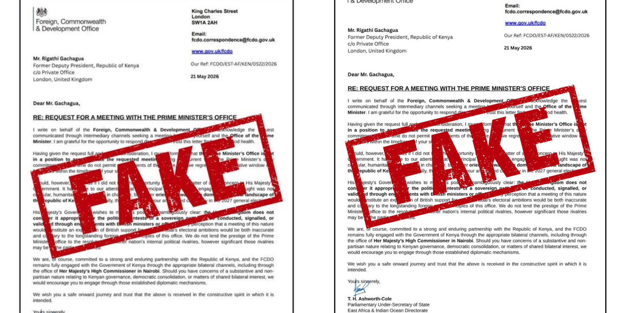 Viral letter dated May 21, 2026, allegedly linked to Rigathi Gachagua dismissed by the British High Commission in Nairobi as fake, amid rising concerns over online misinformation. PHOTO/ UK Kenya X