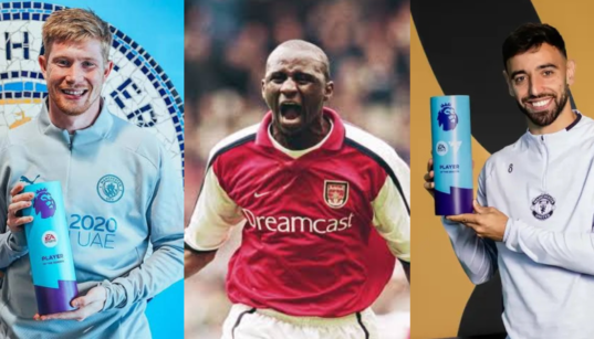 A photo collage of Kevin De Bruyne, Patrick Vieira and Bruno Fernandes. PHOTO/Courtesy.