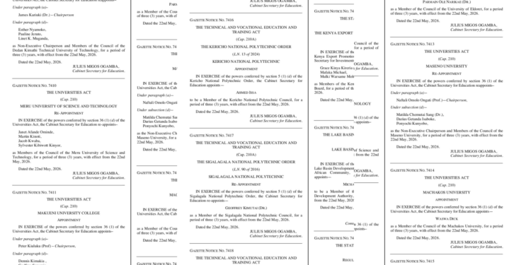 CS Ogamba Makes New Appointments and Changes to Universities & TVET ManagementsPHOTO/Gazette Notice 